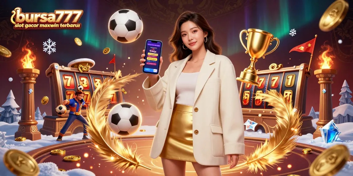Bursa777 slot gacor maxwin terbaru highlights a beautiful Asian woman showing a betting app with immersive gaming elements.