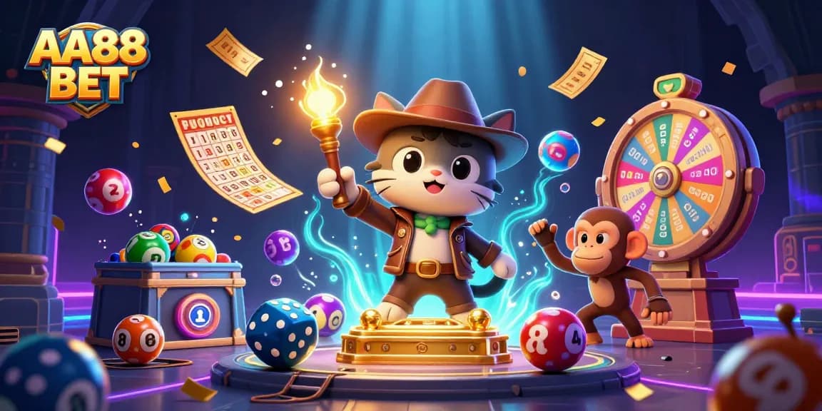 Experience thrilling moments at AA88 BET with vibrant casino-themed 3D illustration featuring dynamic game elements.
