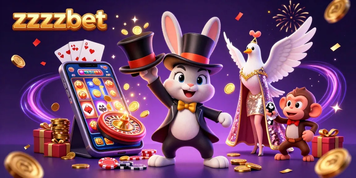 Ganhe jogando no zzzzbet! Ilustração vibrante de mágica com coelhos, moedas e chips de poker.