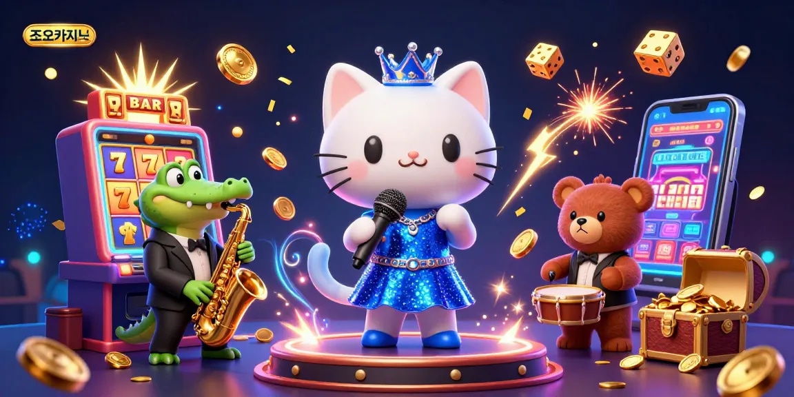 Experience thrilling games at 조이카지노 with a vibrant casino stage filled with exciting characters and animations.