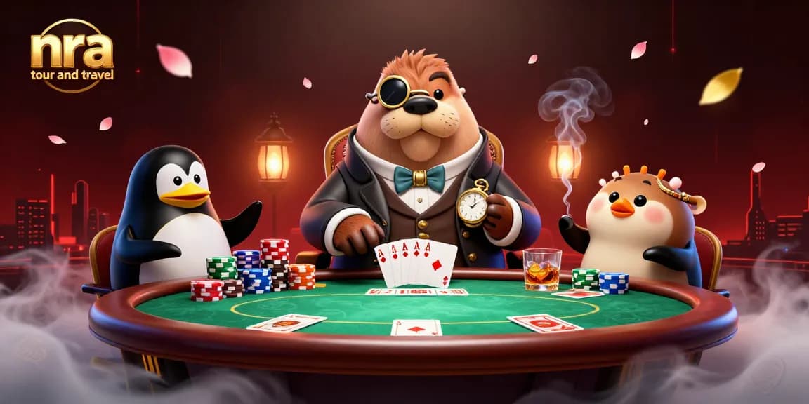 Experience thrilling gameplay at nra tour and travel with a bluffing pufferfish and poker action in vibrant underwater scene.
