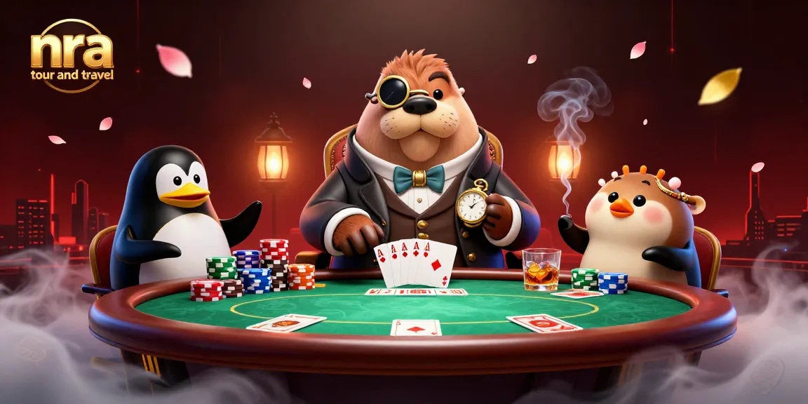 Experience thrilling gameplay at nra tour and travel with a bluffing pufferfish and poker action in vibrant underwater scene.