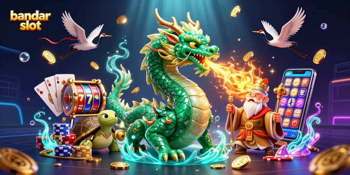 Bandar slot dengan karakter naga dan koin emas yang berkilau di sekitarnya.