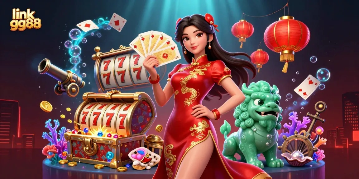 Engage in thrilling gaming action at link gg88, featuring a woman in a qipao, treasure, and vibrant casino elements.