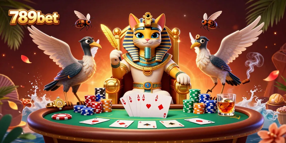 Experience high-stakes gameplay with 789bet's vibrant casino scene featuring a pharaoh cat and poker elements.