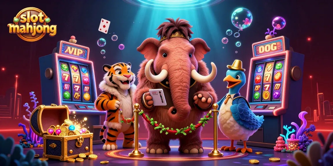 Experience the excitement of slot mahjong with a vibrant scene featuring casino characters and dynamic gaming elements.