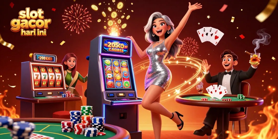Experience the excitement of slot gacor hari ini with a celebratory scene of a stylish player winning big at the slots, surrounded by casino action.