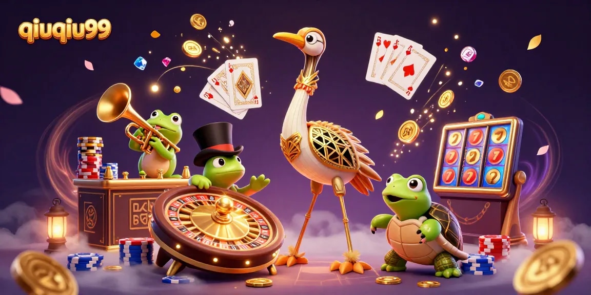 Join the excitement with qiuqiu99 at a lively speakeasy bar showcasing casino games and vibrant characters.
