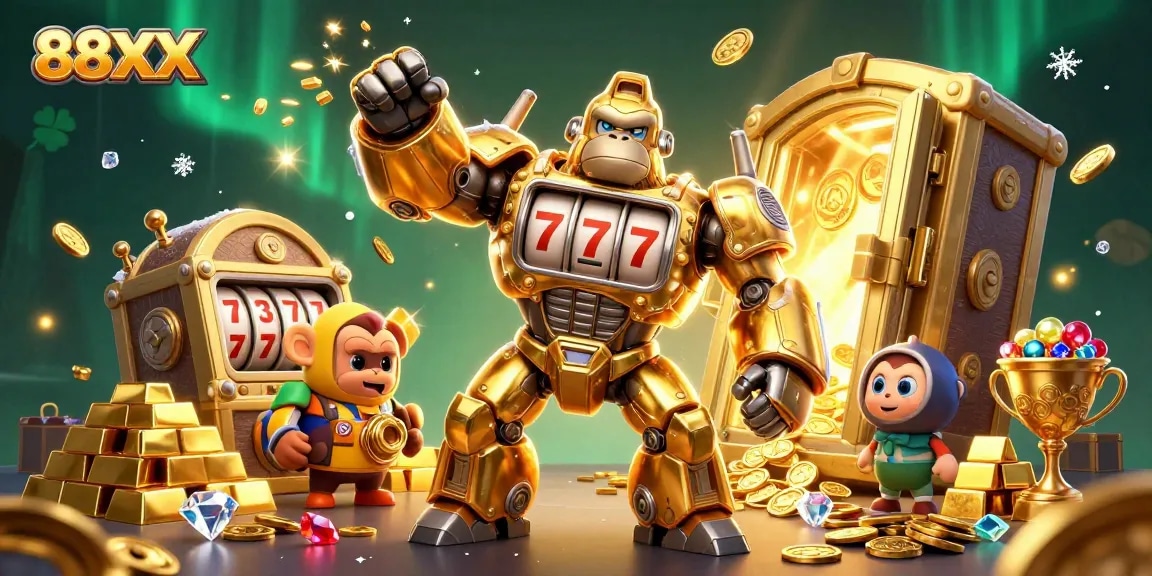 Play 88XX slots with the vibrant golden gorilla mech and exciting treasure vibes.