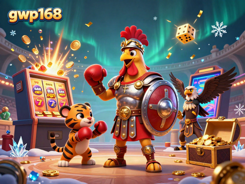 GWP168 mainkan mesin slot 3D dengan ayam jantan Romawi bertarung di arena.