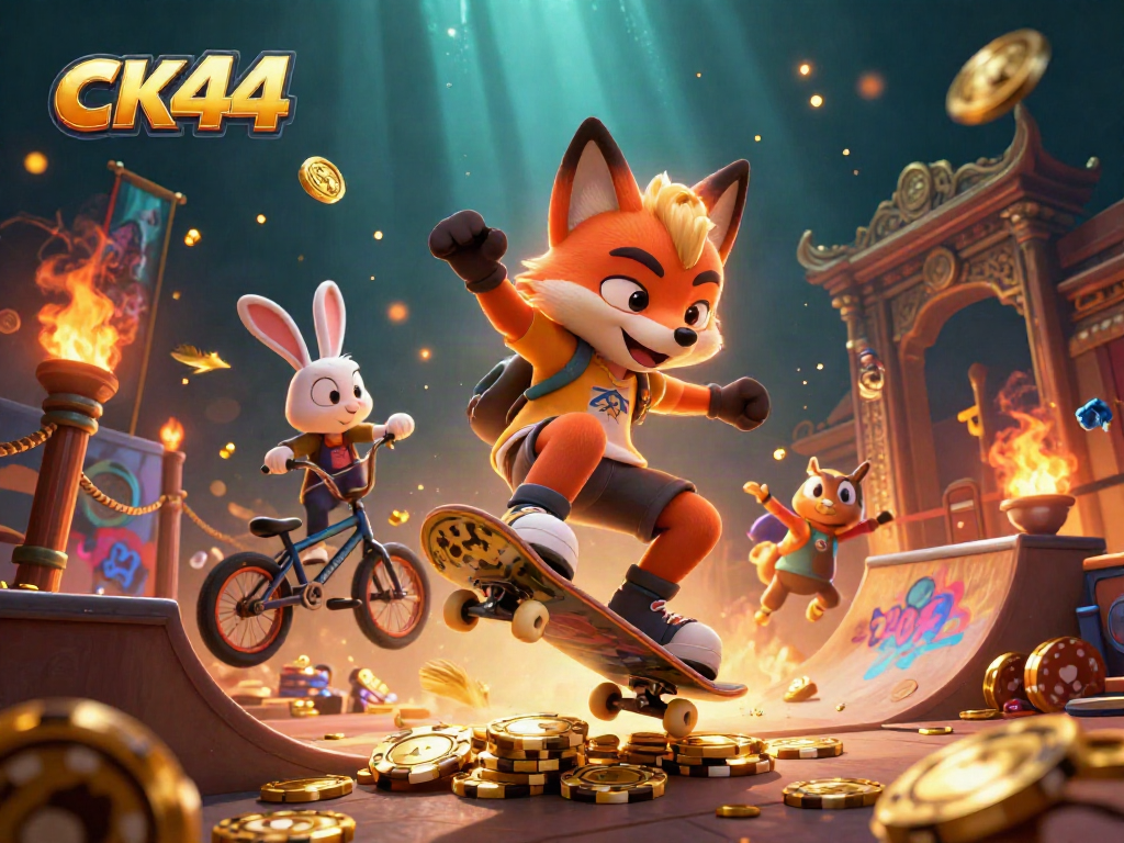 Engage with ck44 online gaming as a skateboarder fox and BMX rabbit perform tricks in a vibrant casino scene.