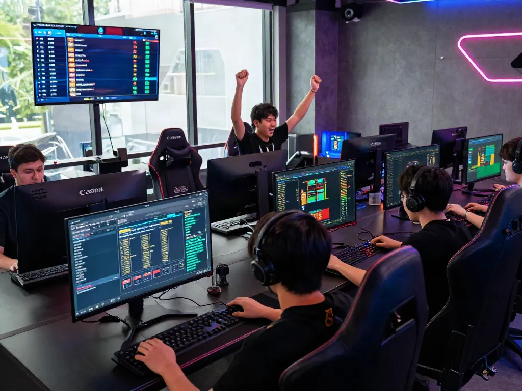 Players enjoying a high-availability gaming experience at Bro138's vibrant hub, showcasing real-time statistics and celebrations of wins.