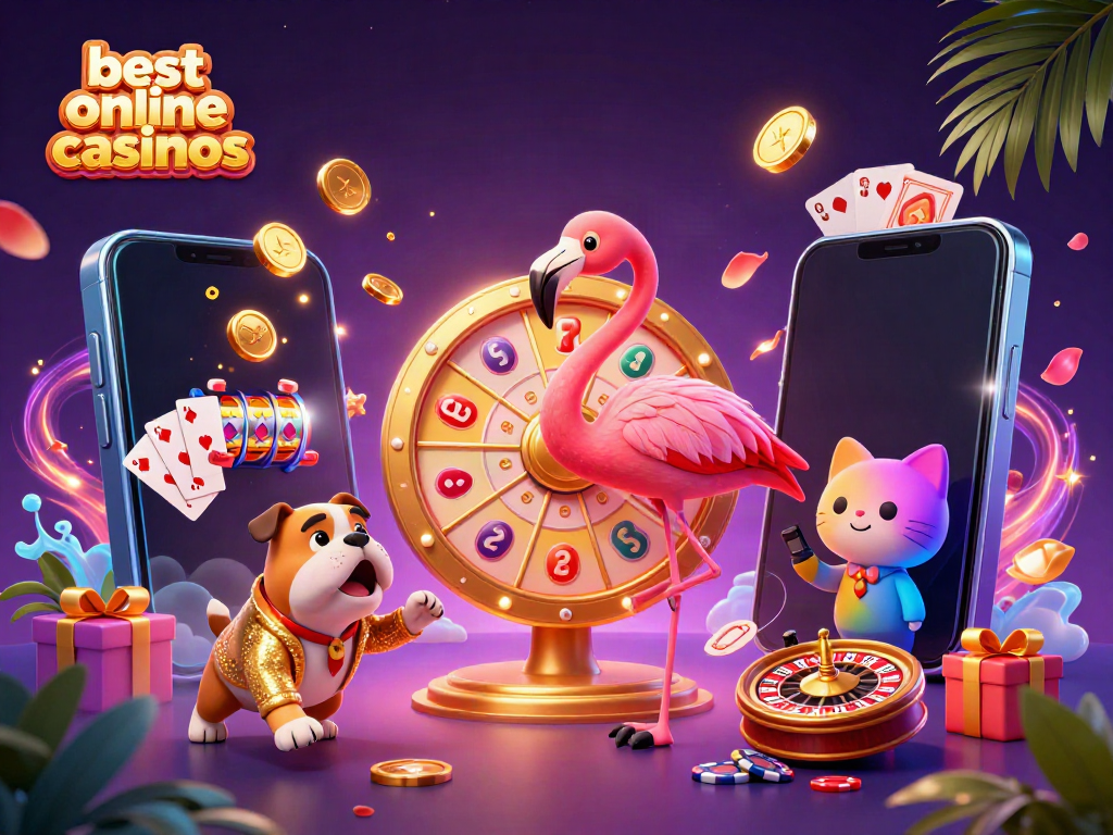 Exciting illustration showcasing the best online casinos with a flamingo host, bulldog contestant, and vibrant casino elements.