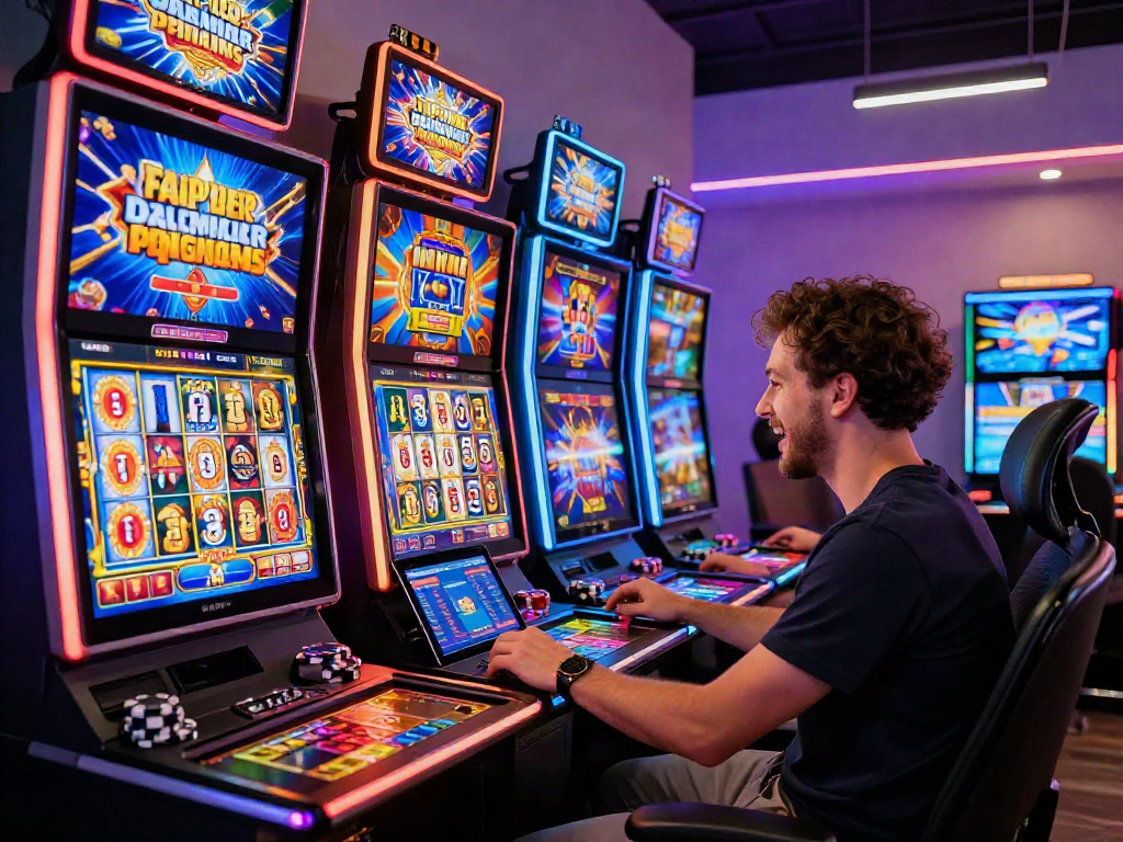 Player enjoying slot online games with vibrant slot machines in a modern gaming environment.