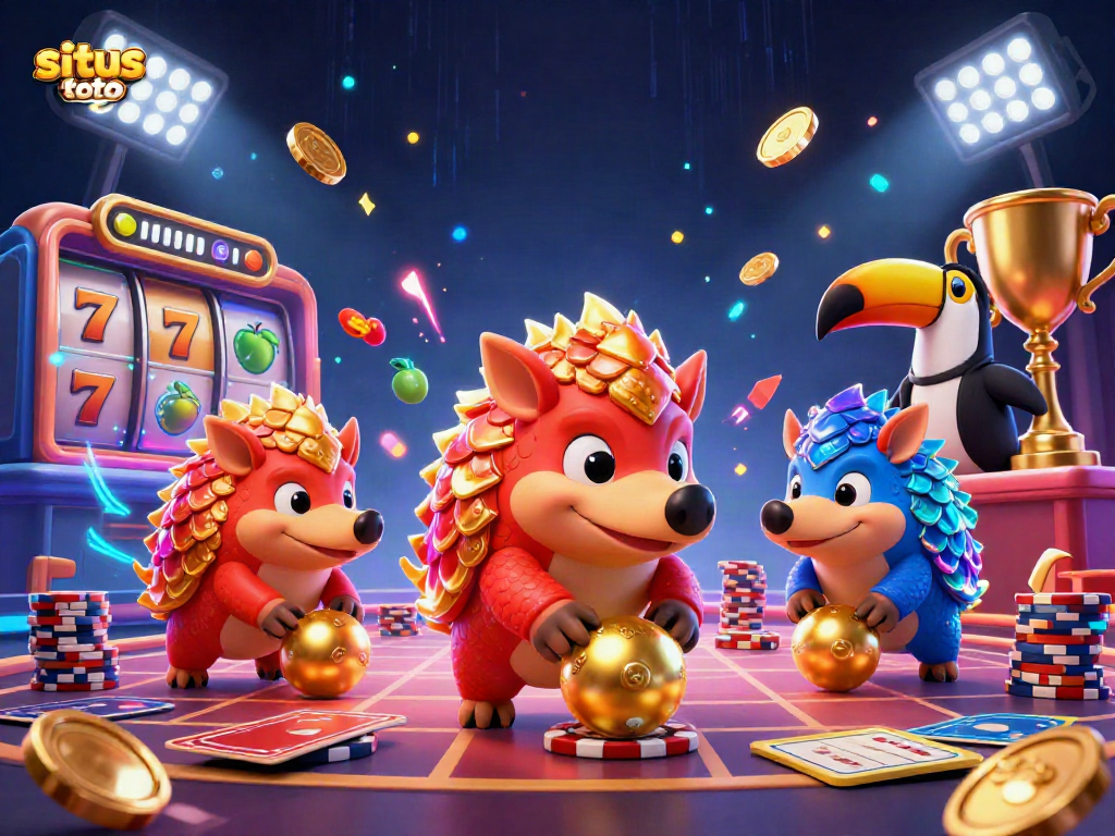 Engage in situs toto slots with rival pangolins rolling golden balls amidst poker chips and a treasure of coins.