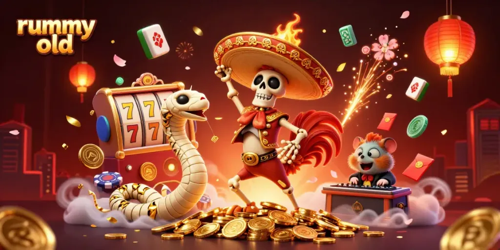 Experience rummy old like never before with a vibrant 3D illustration of festive characters and casino elements.