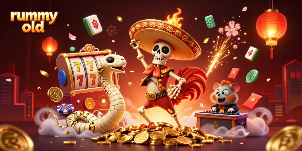 Experience rummy old like never before with a vibrant 3D illustration of festive characters and casino elements.