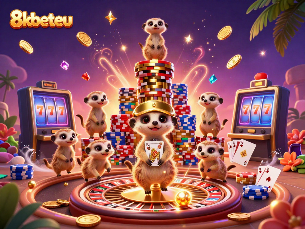 Experience the vibrant casino atmosphere at 8kbeteu, with engaging meerkats and dynamic gaming elements.