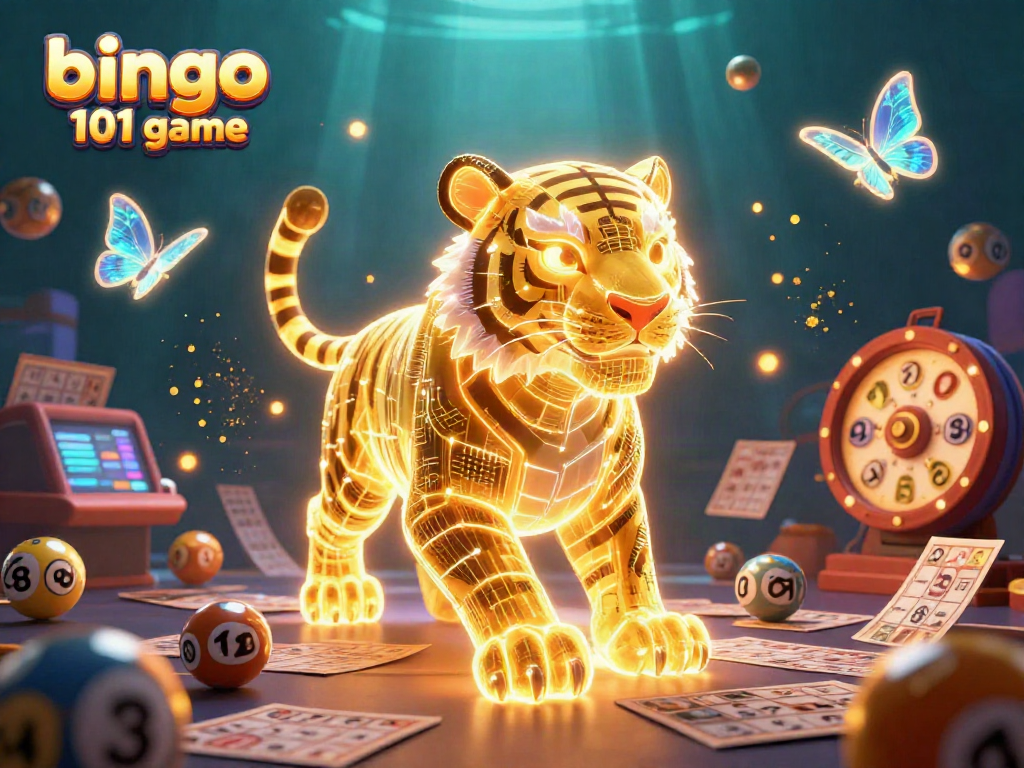Bermain bingo 101 game dengan bola bingo dan kartu di kasino digital yang cerah dan berenergi.