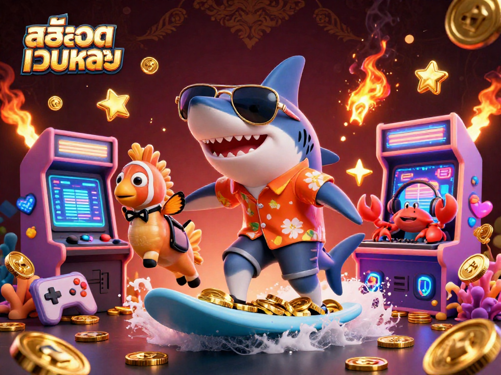 Spin the reels on สล็อตเว็บตรง as a shark surfs on gold coins in this vibrant casino illustration.