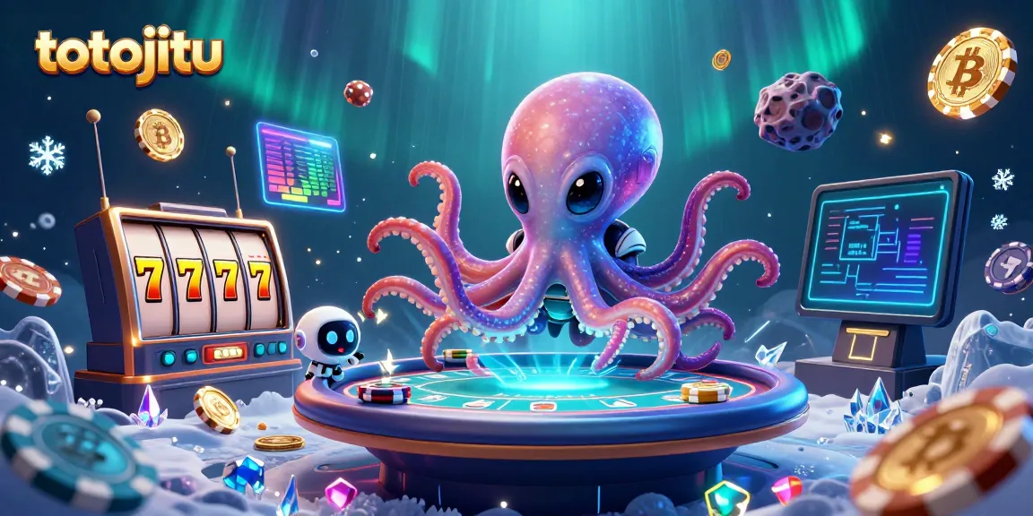 Engage with the exhilarating world of totojitu as a cartoon alien octopus operates a holographic poker table amidst asteroids and cryptocurrencies.
