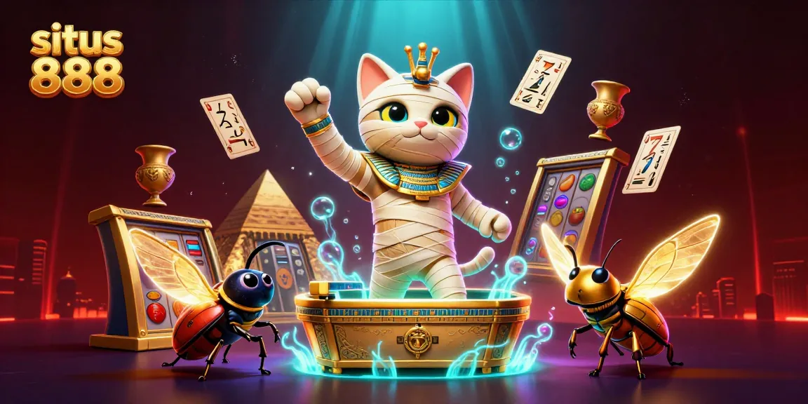 Situs 888 menampilkan ilustrasi kucing mummy kartun fiksi dalam kasino, menyenangkan dan menantang.