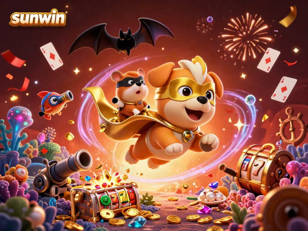 Win big with sunwin in this ultra-detailed 3D casino illustration showcasing vibrant game elements