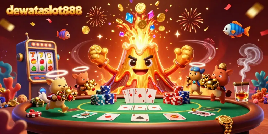 Mendapatkan kemenangan dengan dewataslot888 dalam ilustrasi slot dan tembak ikan yang penuh warna dan detail.