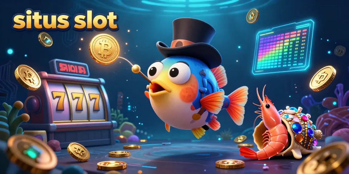 Menarik koin emas dengan situs slot di ilustrasi kasino bawah laut yang meriah.