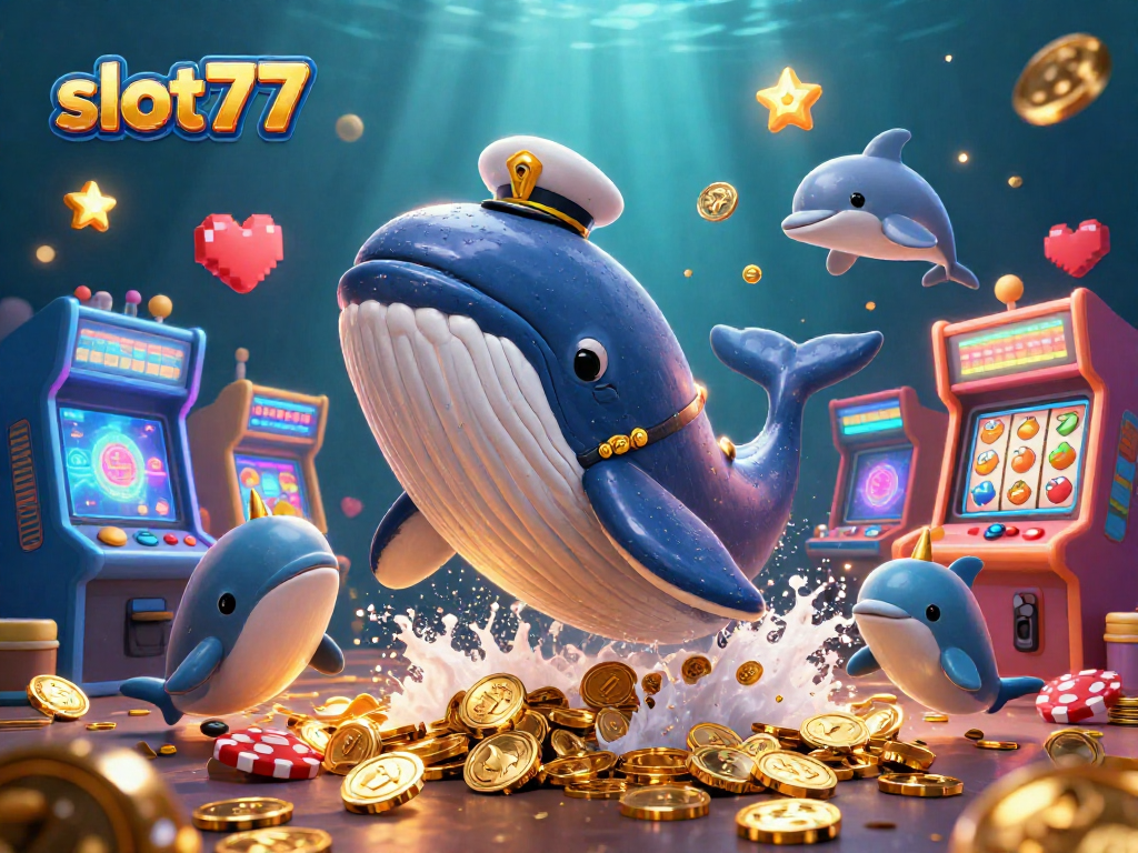 Menangkan slot777 dengan kombinasi ikan paus dan simbol slot dalam ilustrasi kasino 3D yang penuh warna.