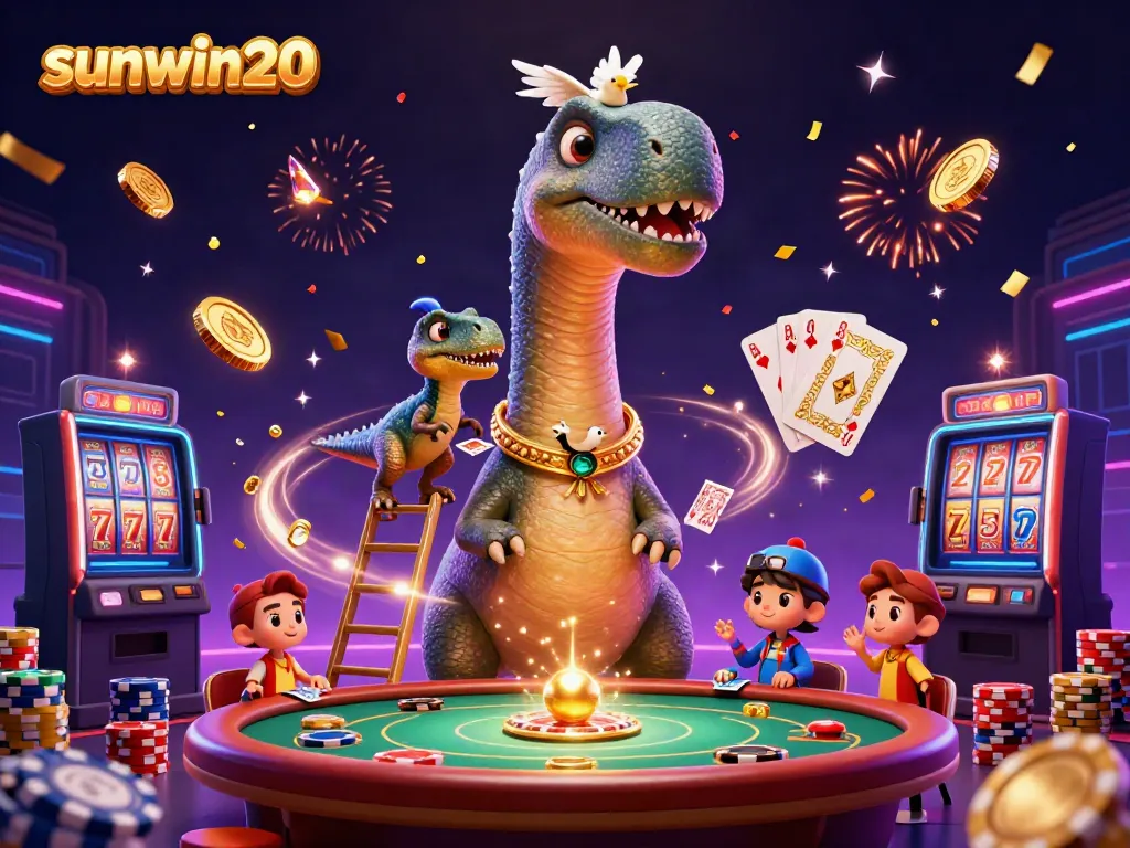 Play with sunwin20 in a vibrant casino scene featuring a brontosaurus and a raptor dealing cards.