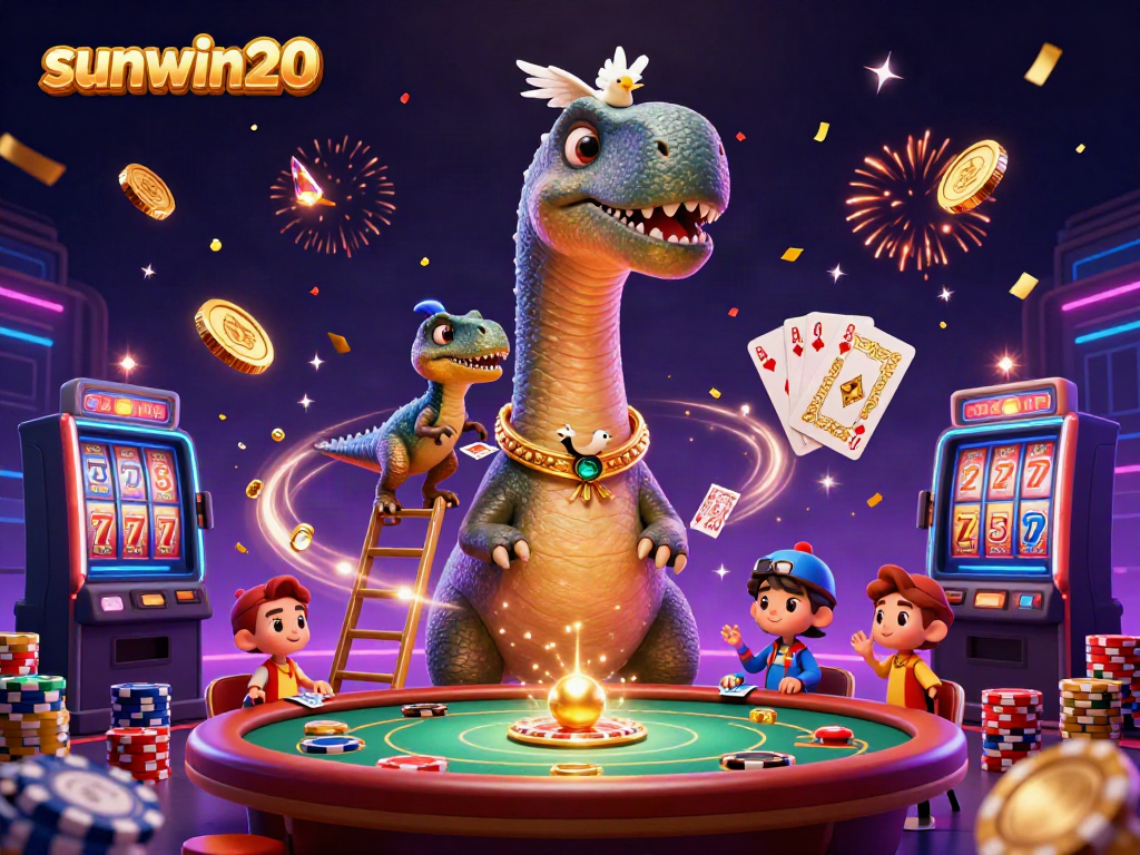 Play with sunwin20 in a vibrant casino scene featuring a brontosaurus and a raptor dealing cards.