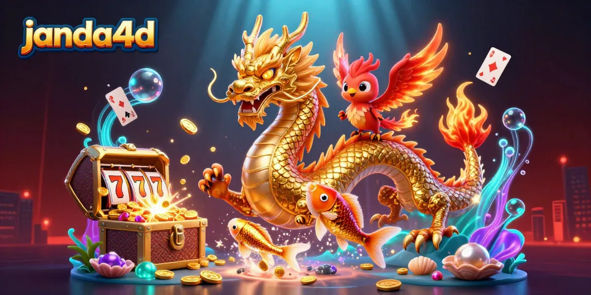 Permainan slot janda4d menampilkan naga emas dan ikan koi melompat dalam harta karun.