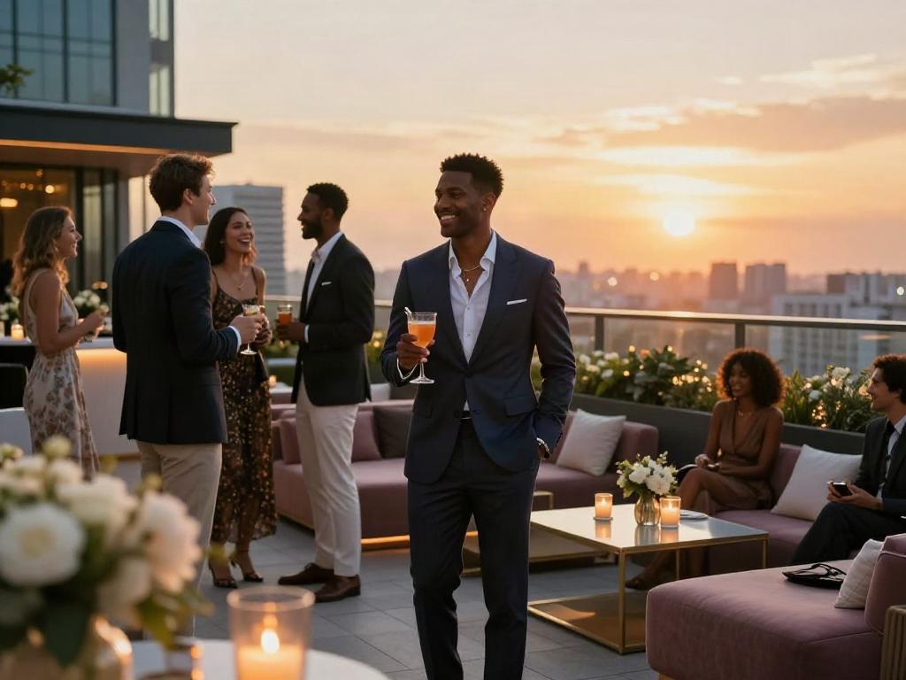 Acara rooftop mewah dengan LUXURY 111, orang berpakaian elegan dan suasana malam yang romantis.