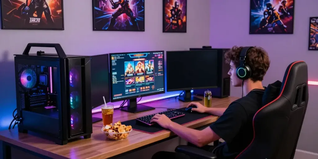 Pemandangan ruang permainan modern dengan gamer yang sedang asyik bermain slot.