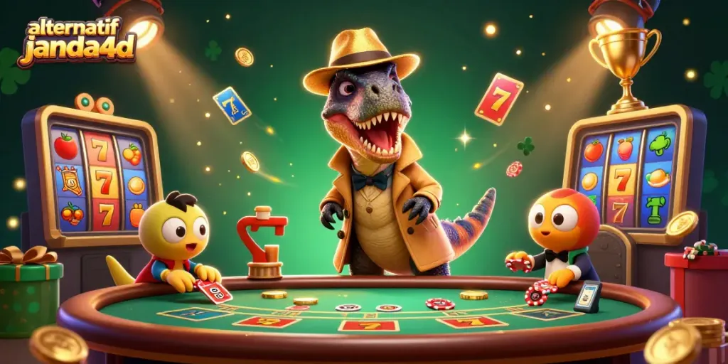 Konsep alternatif janda4d dengan velociraptor, stegosaurus, dan kompi di meja blackjack dalam kasino