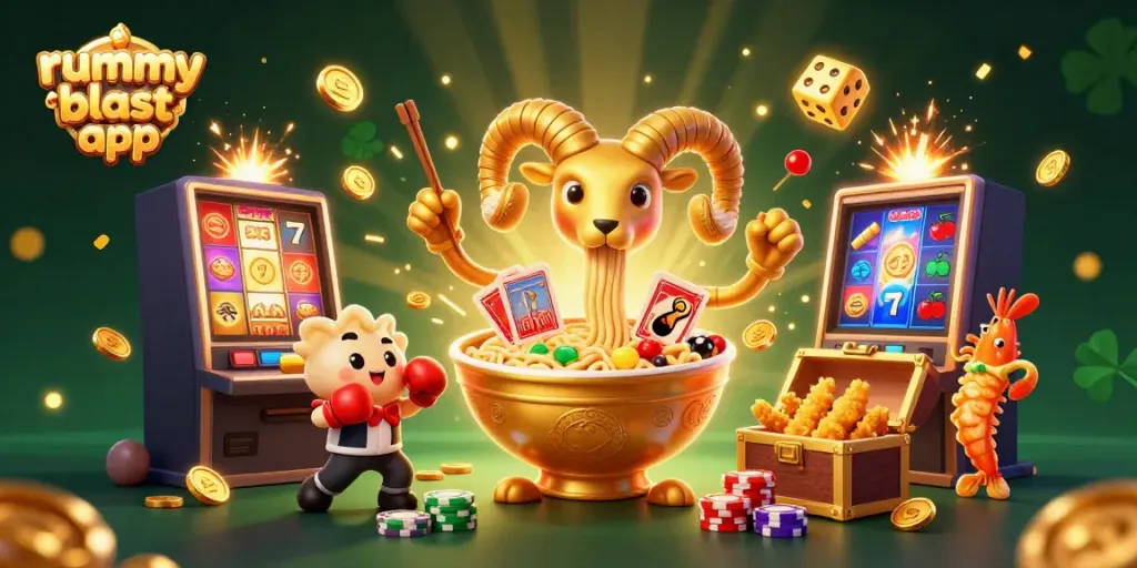 Engaging rummy blast app illustration featuring animated characters and dynamic casino elements.