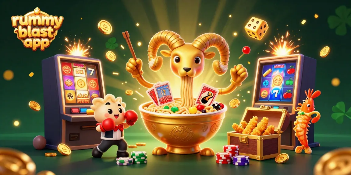 Engaging rummy blast app illustration featuring animated characters and dynamic casino elements.