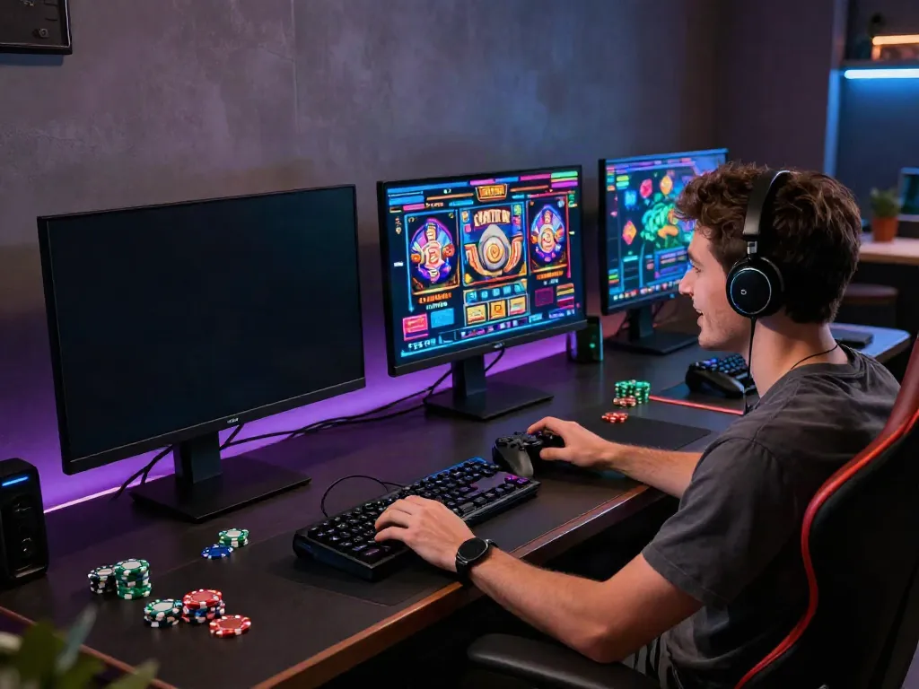 A gamer enjoying akunjp online slots in a vibrant gaming setup with colorful displays and modern decor.