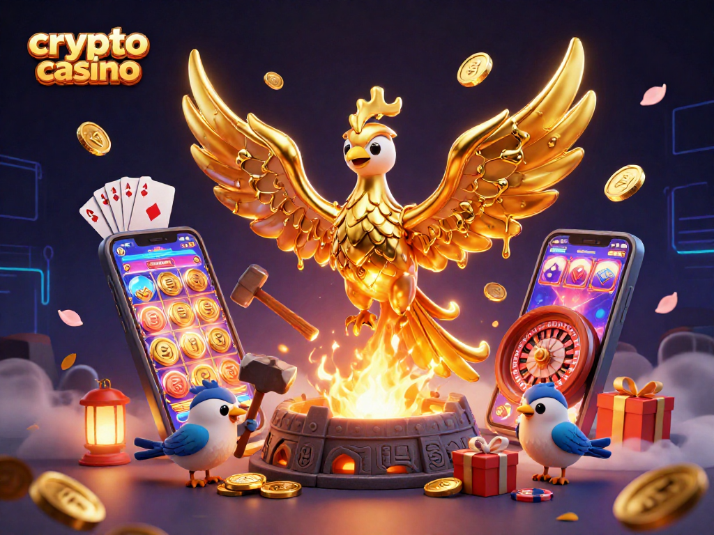 Experience the excitement of a crypto casino with a golden phoenix and dynamic gaming elements.