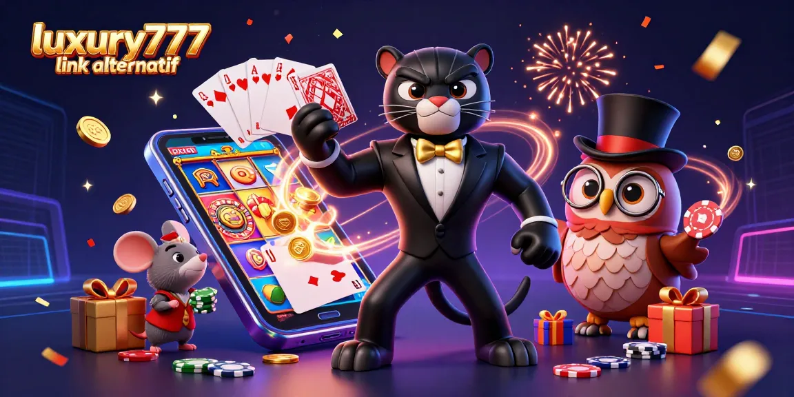 Menyaksikan aksi gaya stylish dari panther hitam dalam tuxedo, mewakili luxury777 link alternatif dengan kartu dan chip poker