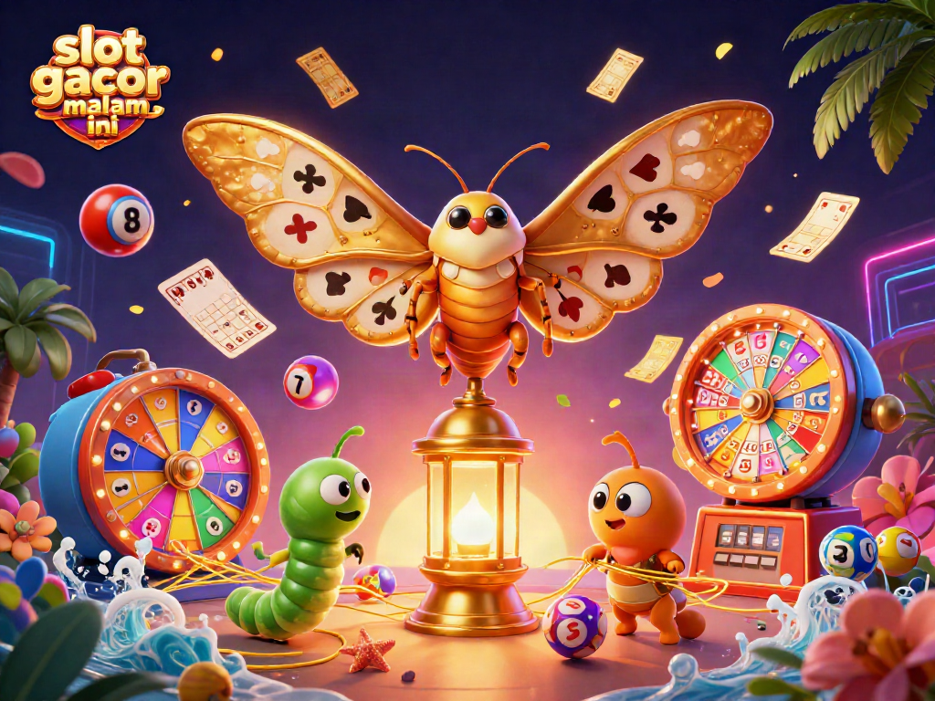 Menangkan slot gacor malam ini dengan ilustrasi 3D, menampilkan kupu-kupu dengan sayap berkilauan dan elemen permainan kasino.