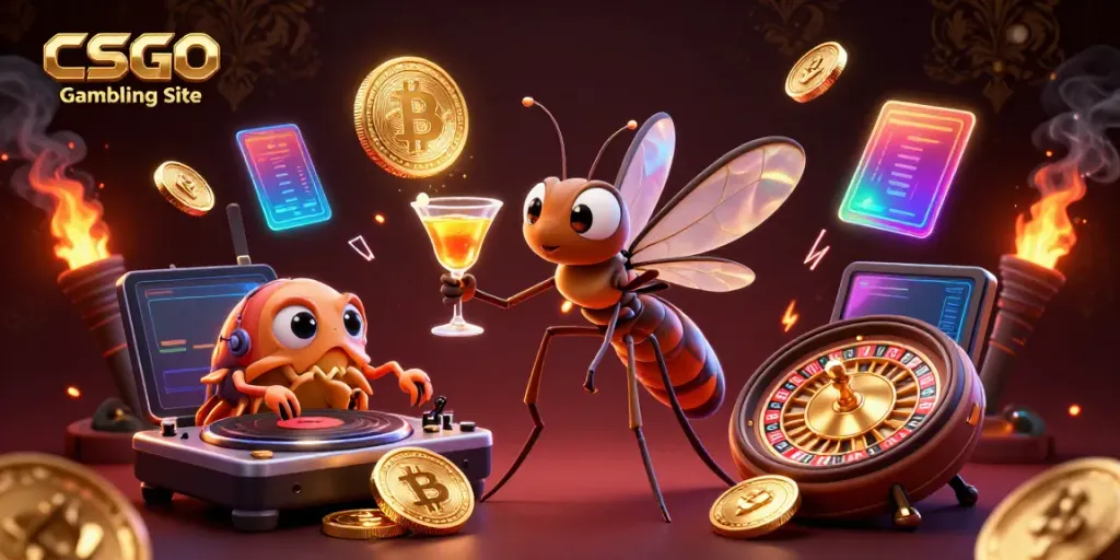 Engage with top CS:GO Gambling Site featuring a dynamic scene of a frozen mosquito mascot, trilobite DJ, and golden roulette wheel.