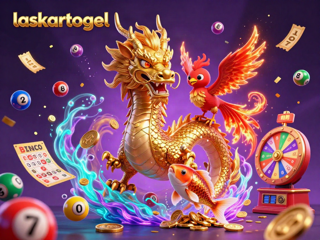 Engage with laskartogel's dynamic world featuring a golden dragon, phoenix, and koi amidst colorful casino elements.