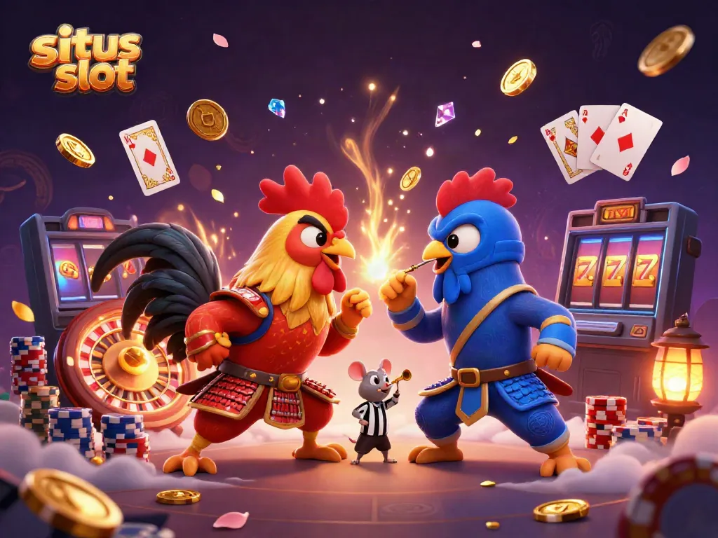 Permainan situs slot dengan ayam petarung 3D dalam pertarungan dramatis, dikelilingi koin emas dan permata mengkilap.