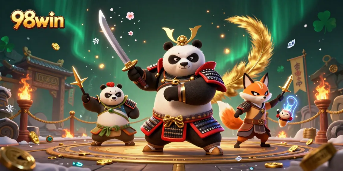 Join the action at 98win with a dynamic 3D scene featuring winning warriors and immersive casino elements.