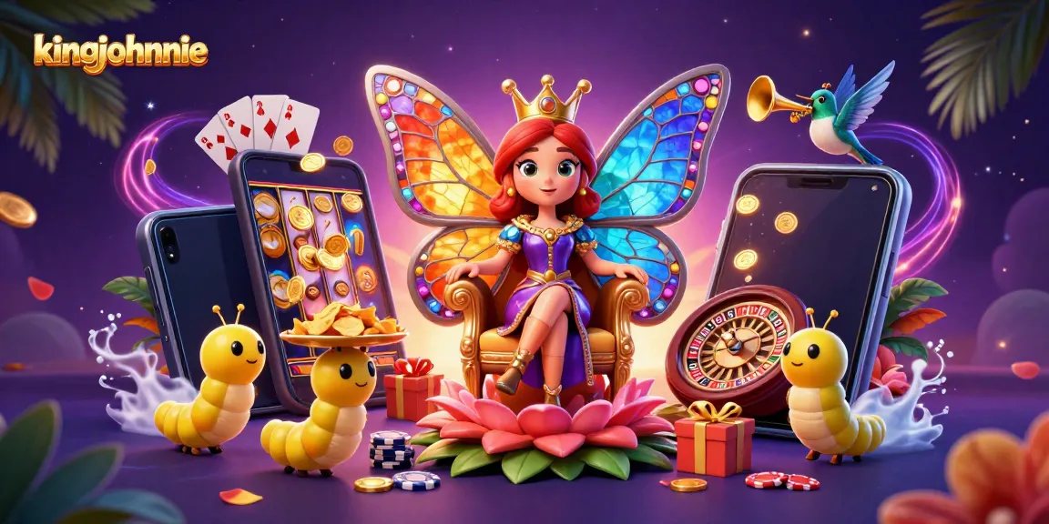 Engage with kingjohnnie's vibrant casino world featuring a butterfly queen, colorful slots, and lively gaming elements.