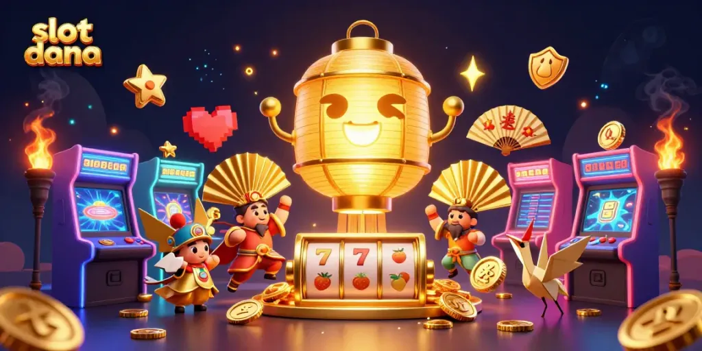 Menangkan slot dana dengan permainan mesin slot animasi di kasino malam yang penuh warna.