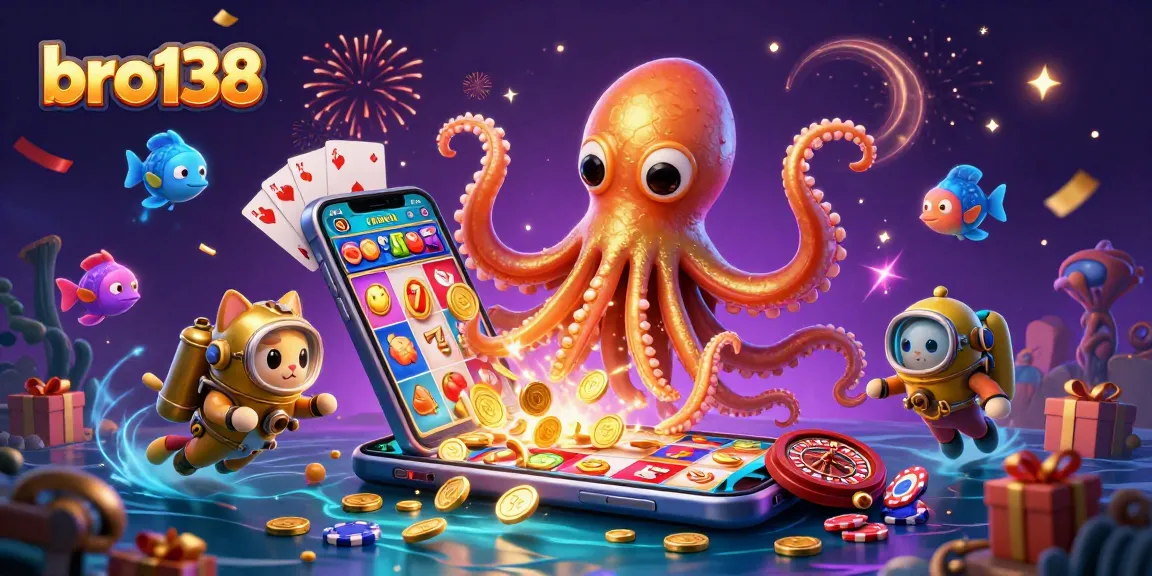 Engage in captivating gaming with bro138's kraken, festive confetti, and vibrant slot elements.