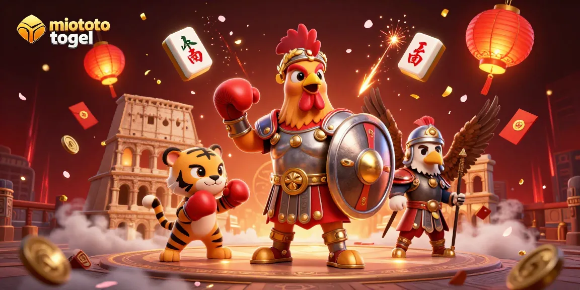 Engage with miototo togel in a vibrant casino scene featuring a detailed gladiator rooster and dynamic game elements.